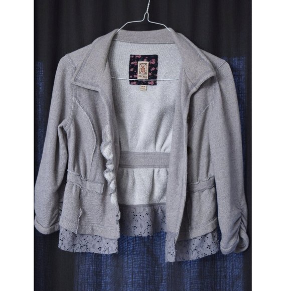 DECREE Grey Ruched Lace Trim Blazer Jacket | Size M - Picture 3 of 7